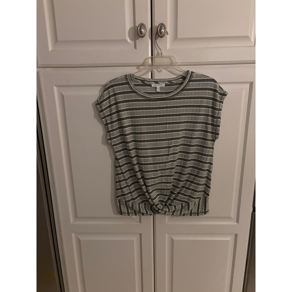 T by Talbots Womens Ribbed Striped Twist Front Short Sleeve Top Green White M